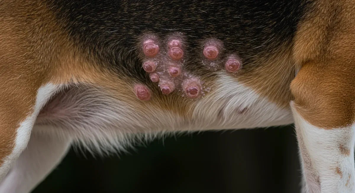 Close-up view of a Beagle's skin showing red, scaly patches and pustules typical of bacterial skin infection (pyoderma)