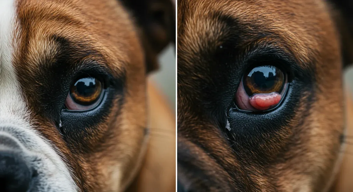 Detailed comparison showing a Bulldog's eye with cherry eye condition displaying the red, protruding gland versus a normal healthy eye