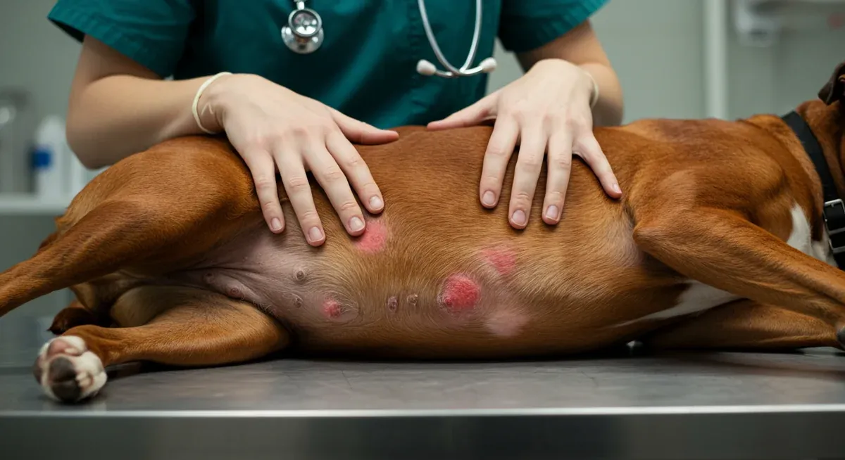 Close-up veterinary examination of a Boxer dog showing red, inflamed skin patches on the belly and paws, illustrating the common skin problems discussed in the recognition section