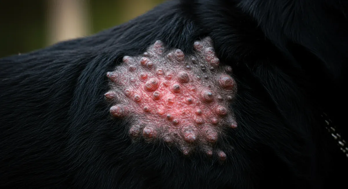 Close-up view of Rottweiler skin showing dermatitis symptoms with redness and irritation, illustrating the condition described in the article