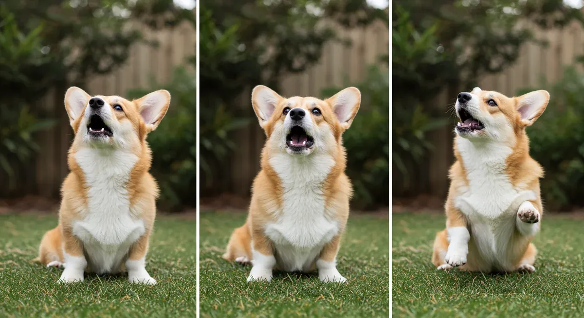 A Pembroke Welsh Corgi displaying different types of barking behaviors and body language to help owners identify various vocal communications