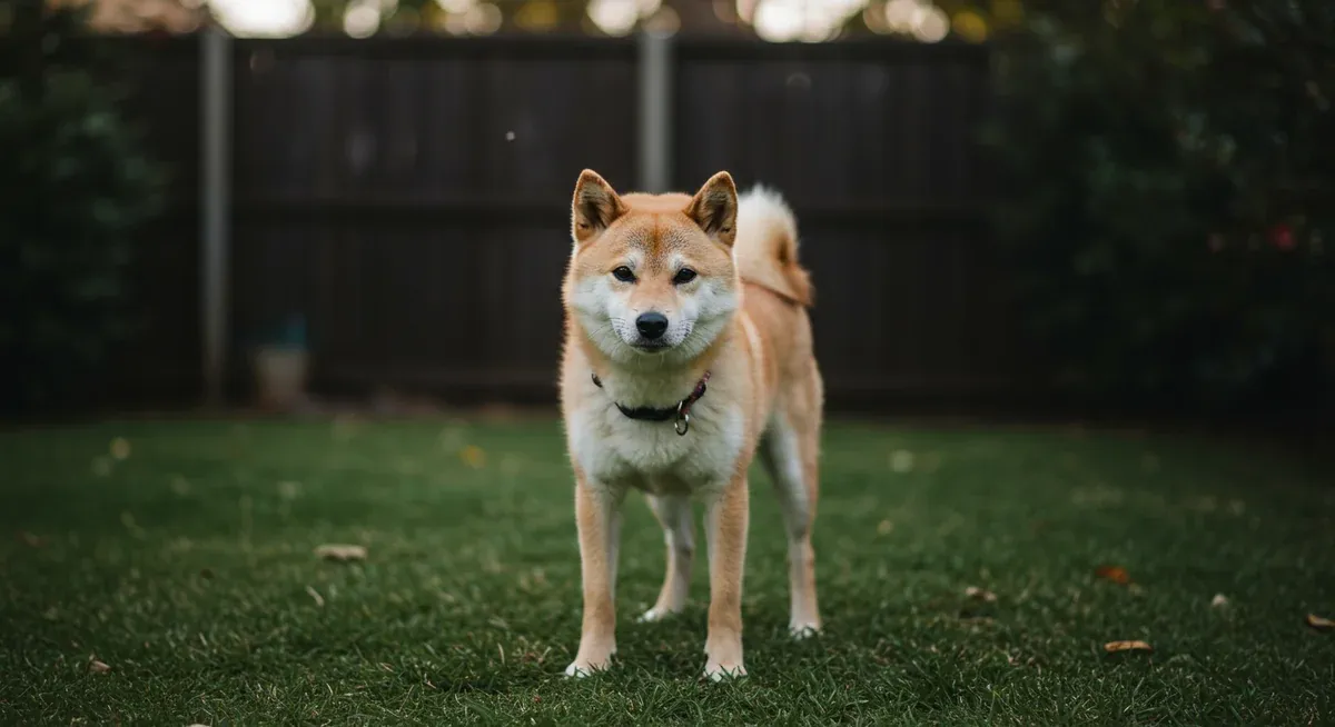 A Shiba Inu demonstrating early warning signs of potential aggression including stiff body posture and intense staring, helping owners recognize these subtle behavioral cues before escalation