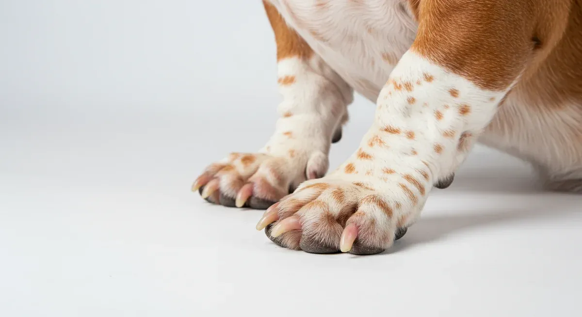 Close-up of Basset Hound paws showing red, inflamed skin between toes characteristic of environmental allergies