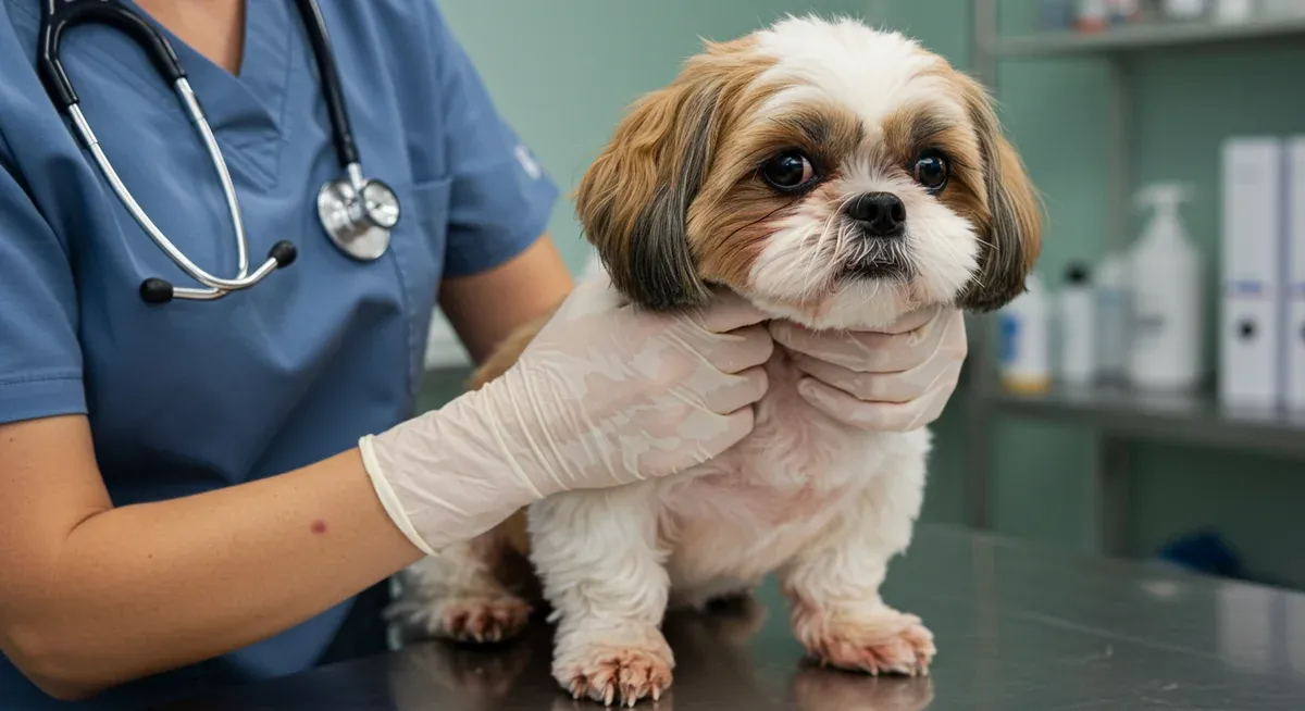 Veterinarian examining a Shih Tzu showing food allergy symptoms with red, inflamed skin around the face and paws