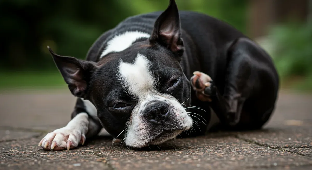 Close-up of Boston Terrier showing common food allergy symptoms including red irritated skin between toes and scratching behavior