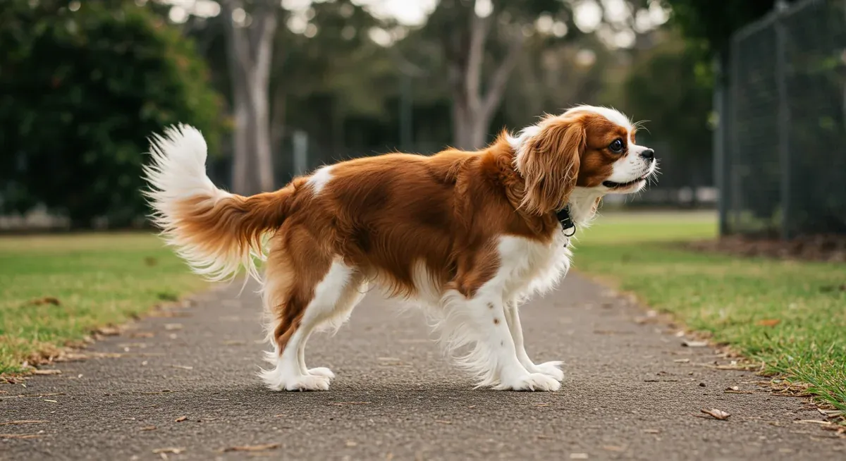 A Cavalier King Charles Spaniel displaying the bunny hopping gait characteristic of hip dysplasia, with both hind legs moving together
