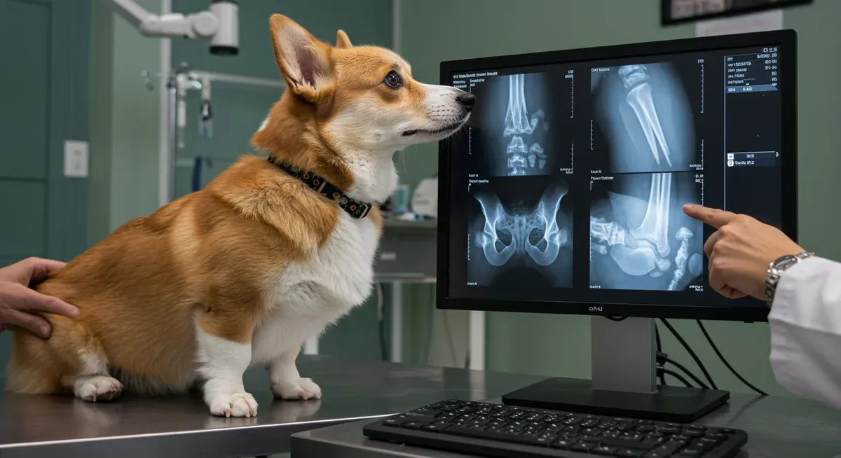 X-ray images of a Pembroke Welsh Corgi's joints displayed on a veterinary viewing screen, illustrating how hip and elbow dysplasia is diagnosed through radiographic examination