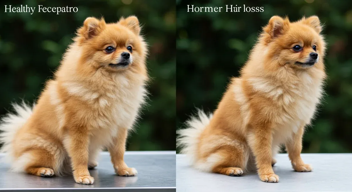Side-by-side comparison of a Pomeranian with healthy coat versus one showing patchy hair loss to illustrate normal versus concerning patterns