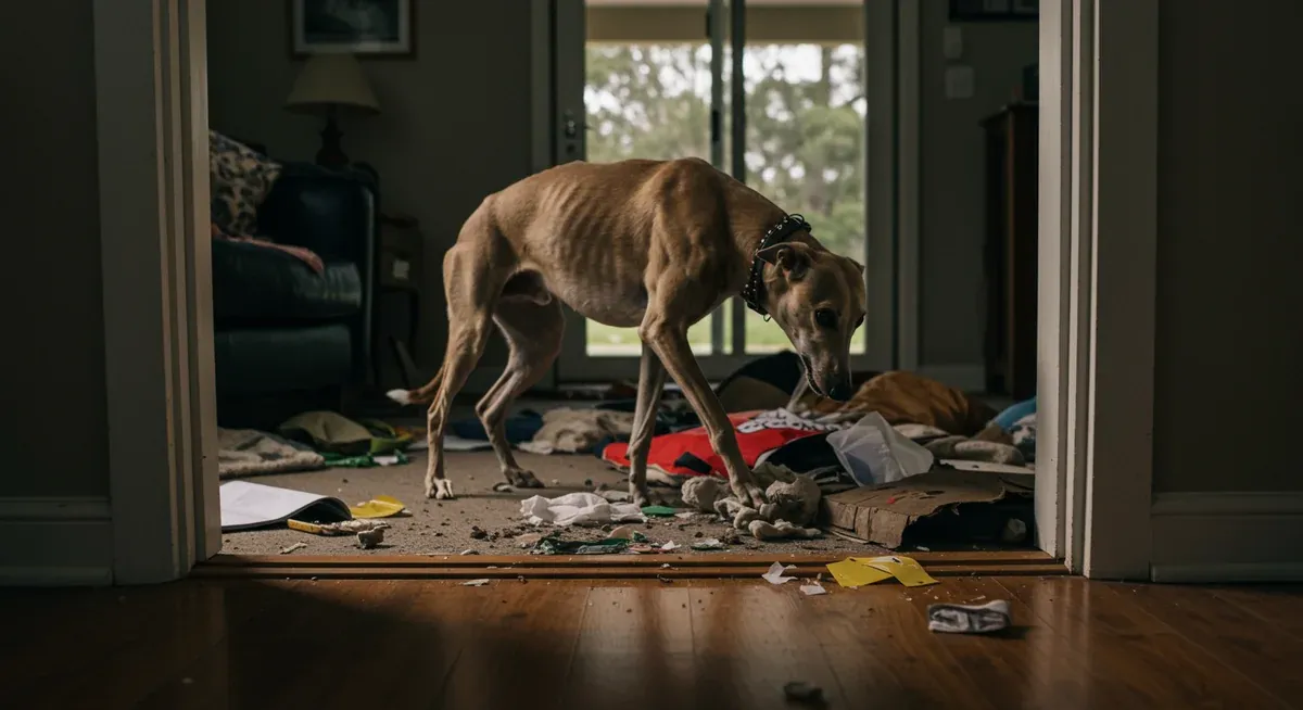 Interior of a home showing furniture damage and scattered items caused by a Greyhound experiencing separation anxiety, demonstrating typical destructive behaviors