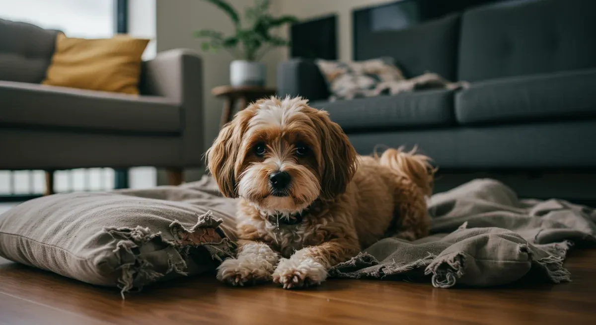 A distressed Havanese dog showing signs of separation anxiety including drooling and destructive behavior with torn furniture around them