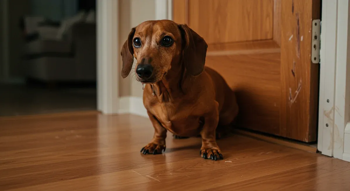 A distressed Dachshund showing separation anxiety symptoms including panting, drooling, and scratch marks on a door, illustrating the behavioral signs owners should recognize
