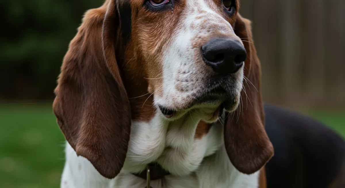 Close-up view of a Basset Hound's facial skin folds showing early signs of dermatitis with mild redness in the creases