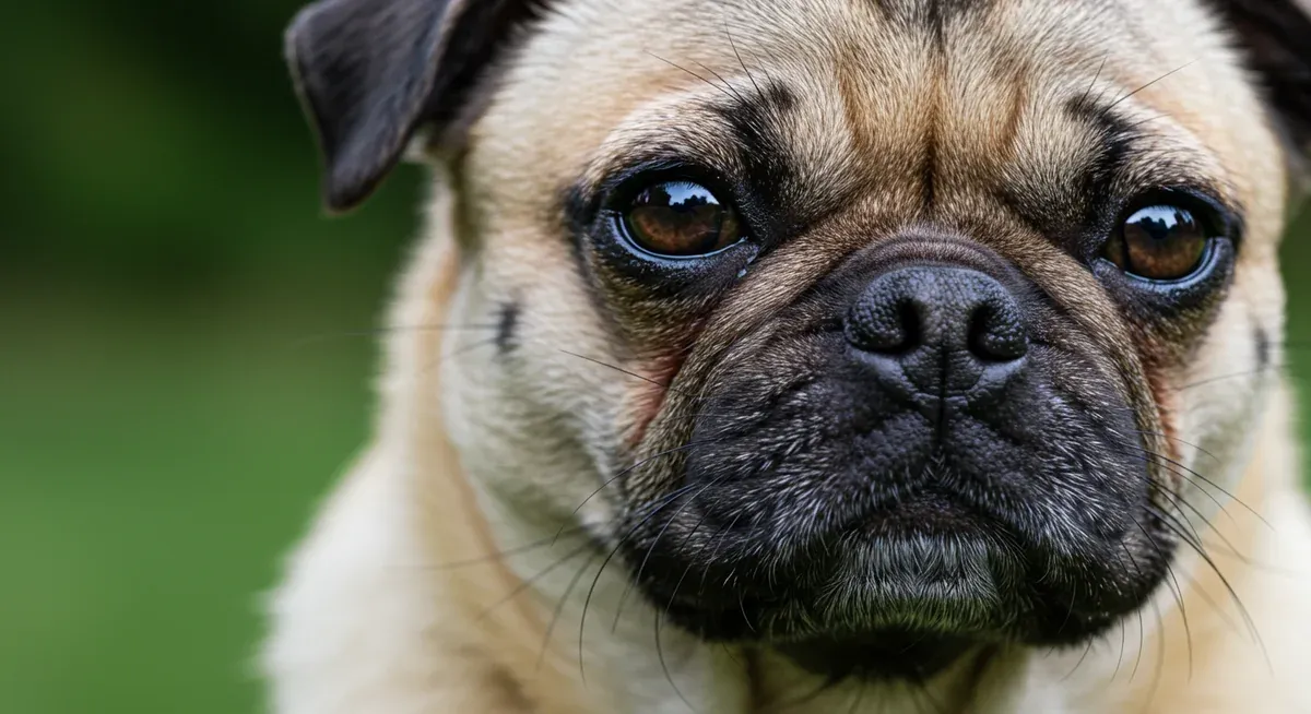 Detailed close-up of a Pug's facial wrinkles showing early signs of skin fold dermatitis with redness and irritation in the skin folds