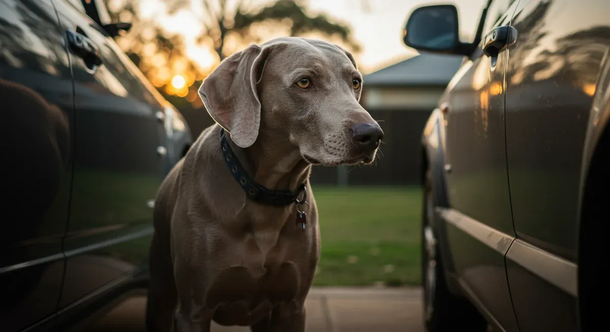 A senior Weimaraner displaying early aging signs such as hesitation before physical activity, illustrating the gradual changes owners should watch for