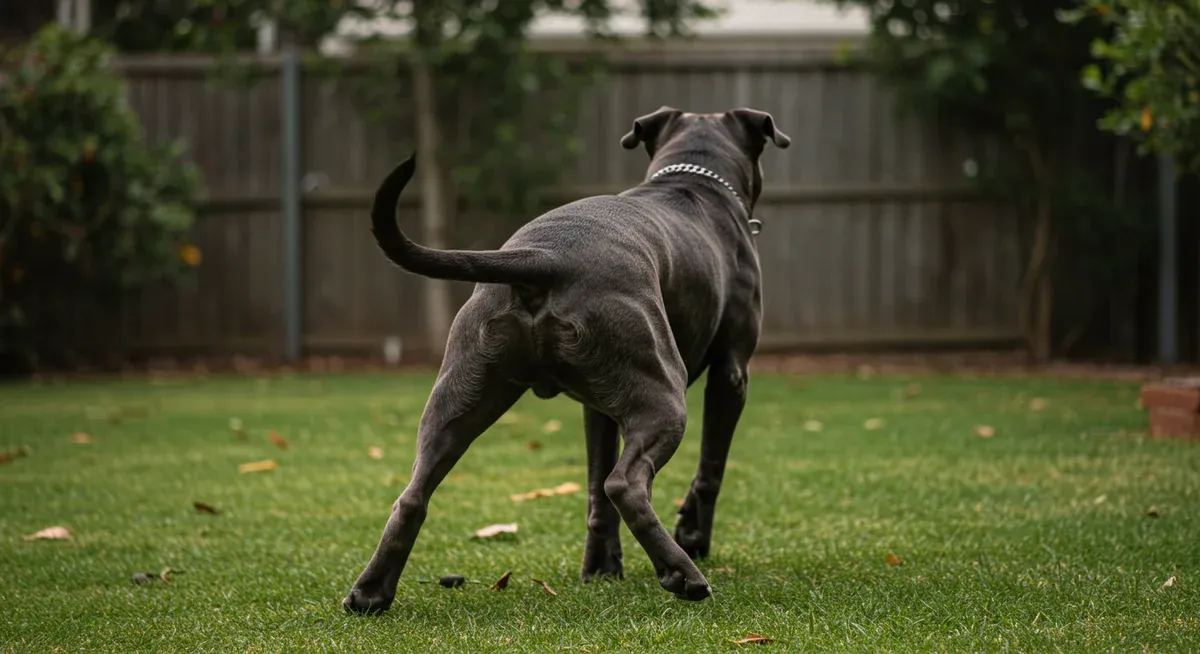 A Cane Corso demonstrating the bunny hopping gait characteristic of early hip dysplasia, with both rear legs moving together instead of alternating