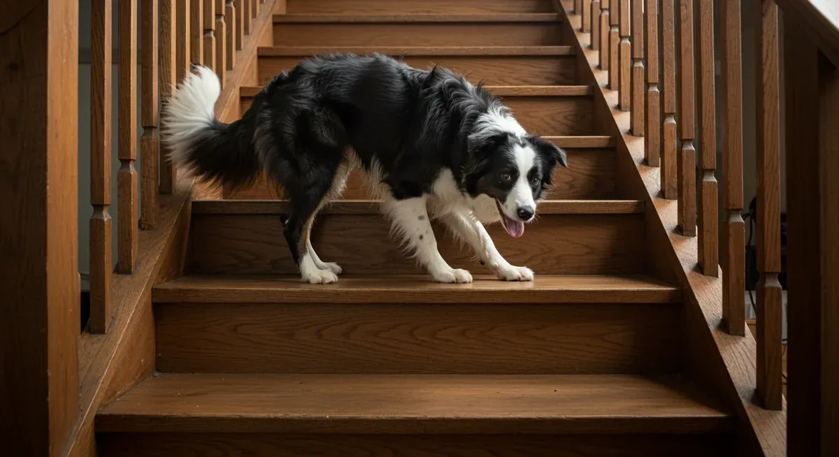 Border Collie hesitating at the bottom of stairs, showing early signs of hip dysplasia reluctance to climb