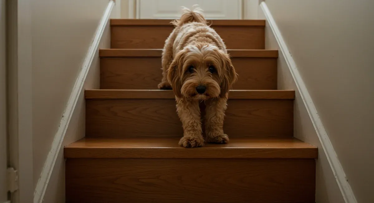 A Cavoodle hesitating at stairs, demonstrating early warning signs of hip dysplasia such as reluctance to climb and joint stiffness