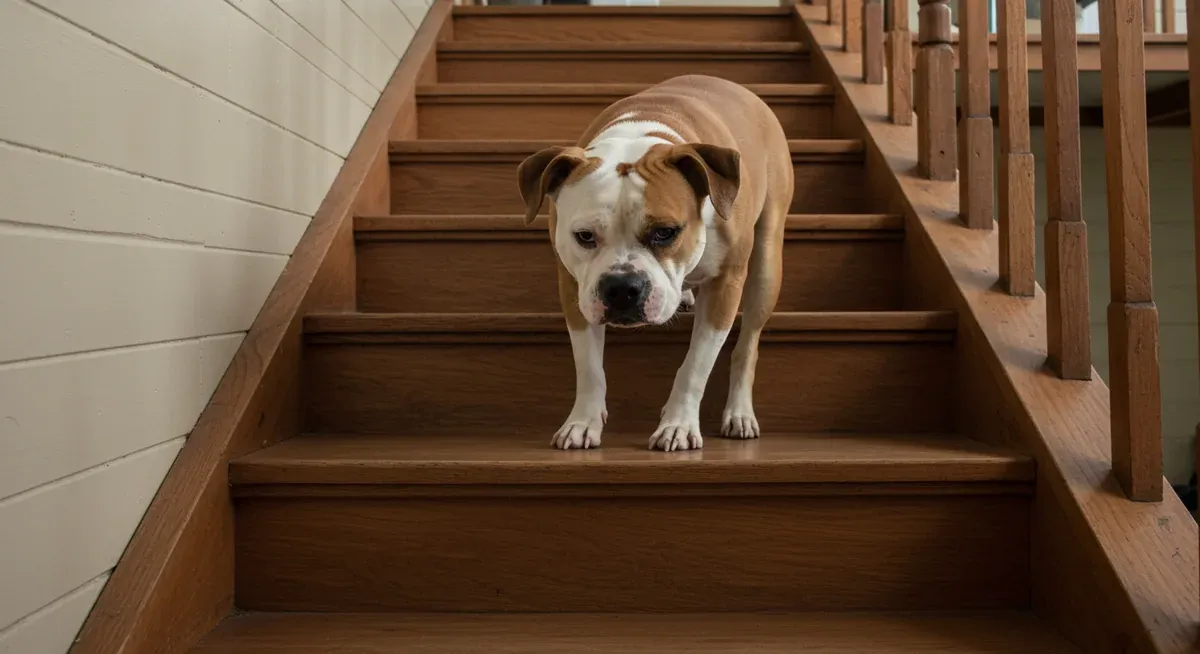 American Bulldog hesitating at stairs showing early signs of hip dysplasia through reluctant body language and cautious positioning