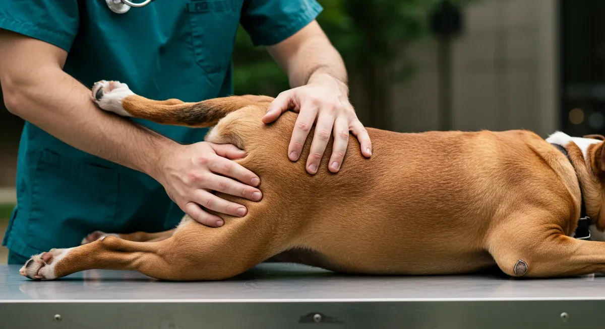 Veterinarian examining an American Bulldog's hip joint on an examination table, demonstrating how early hip dysplasia signs are detected through physical examination
