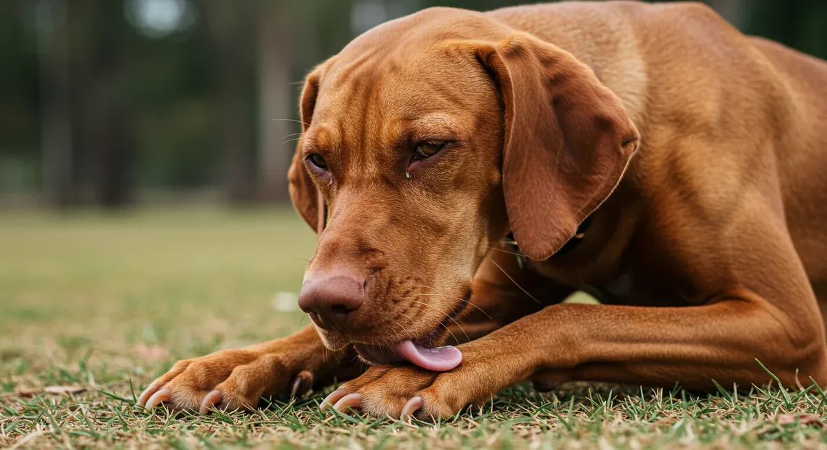 Close-up of a Vizsla showing early allergy symptoms including red, inflamed skin around the ears and paws being licked, illustrating the warning signs owners should watch for