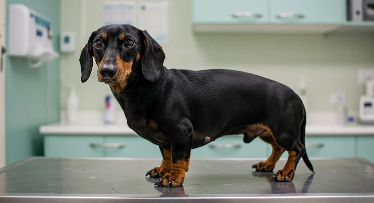A Dachshund displaying early signs of back problems with a hunched, arched posture typical of spinal pain