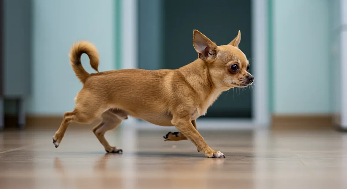 A Chihuahua demonstrating the characteristic skipping gait that occurs when the kneecap slips out of place, showing the early warning sign of patellar luxation