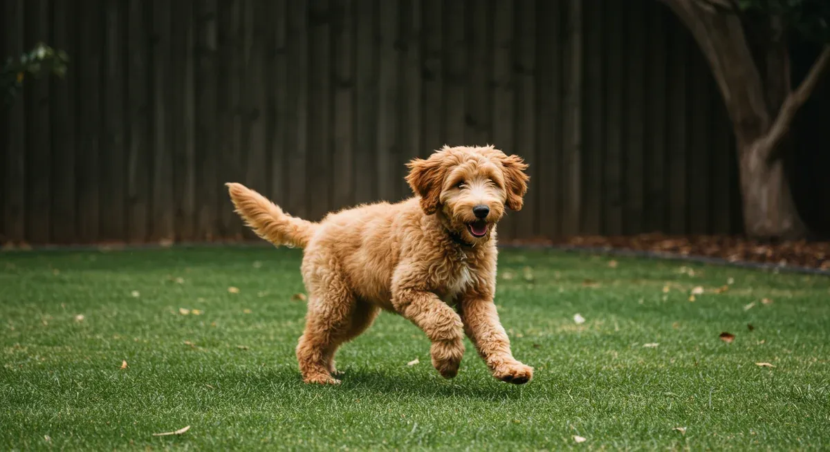 A young Goldendoodle displaying bunny hopping gait with both hind legs moving together, illustrating an early warning sign of hip dysplasia