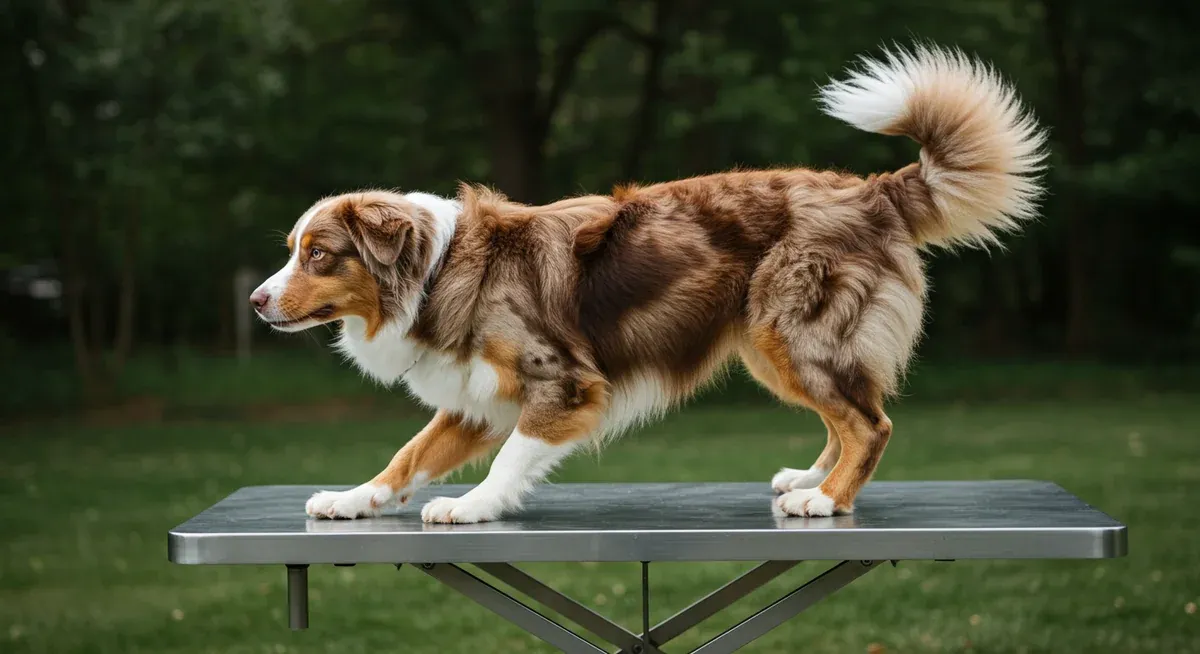 An Australian Shepherd showing early signs of hip dysplasia difficulty rising, illustrating the subtle symptoms owners should recognize