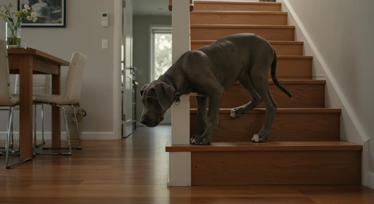 A Great Dane puppy showing early signs of hip dysplasia by hesitating at the bottom of stairs, demonstrating the subtle mobility changes owners should watch for