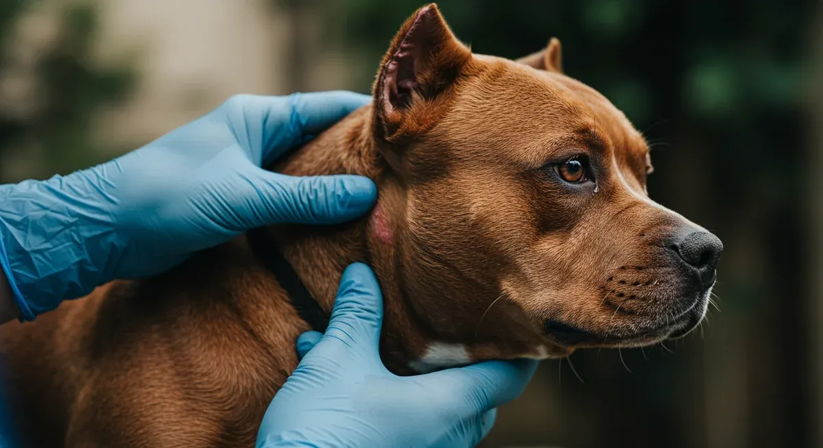 Close-up examination of American Bully skin showing early dermatitis symptoms with veterinarian hands inspecting reddened areas around facial folds