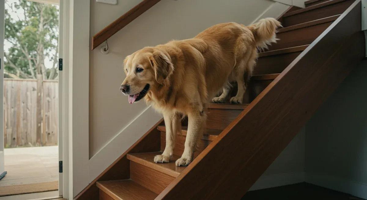 A Golden Retriever showing early signs of arthritis by hesitating before climbing stairs, demonstrating the subtle behavioral changes that indicate joint discomfort
