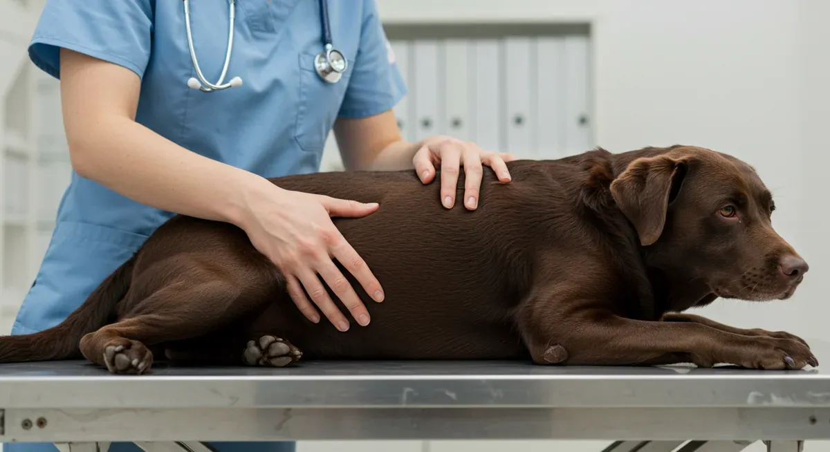 A veterinarian examining a Labrador's hip joint during a clinical assessment, illustrating the professional evaluation of early hip dysplasia symptoms
