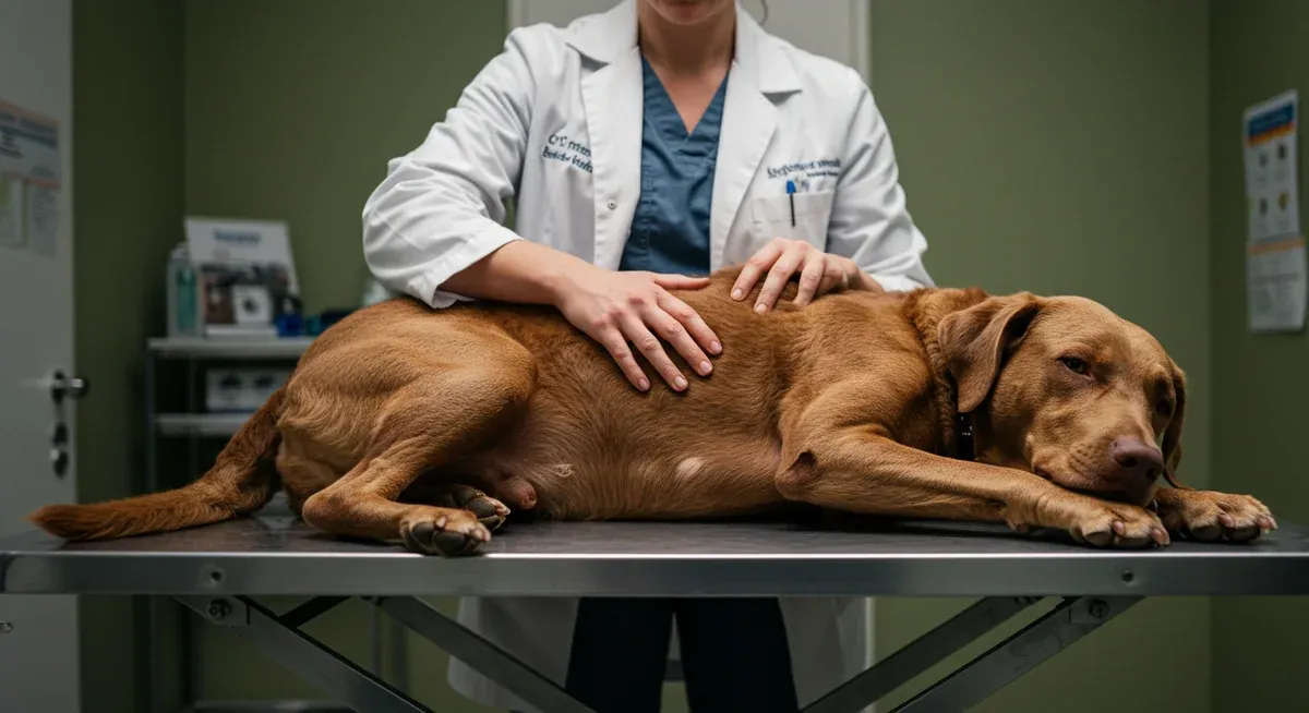 A veterinarian examining a Chesapeake Bay Retriever's abdomen during a clinical assessment for bloat symptoms