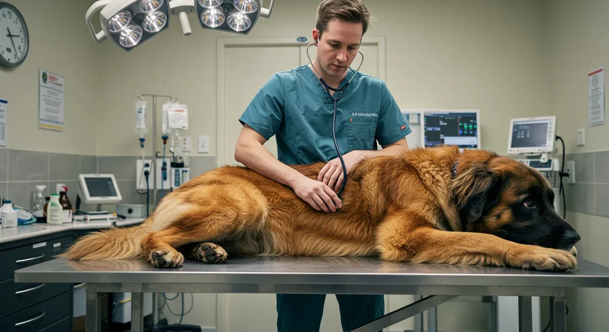 A veterinarian examining a Leonberger dog's abdomen to check for signs of bloat, demonstrating the critical importance of immediate professional care for this life-threatening condition
