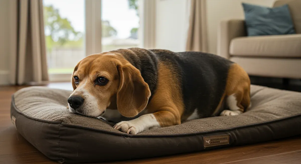 An overweight Beagle displaying physical signs of obesity, illustrating the health risks and mobility challenges associated with excess weight in the breed