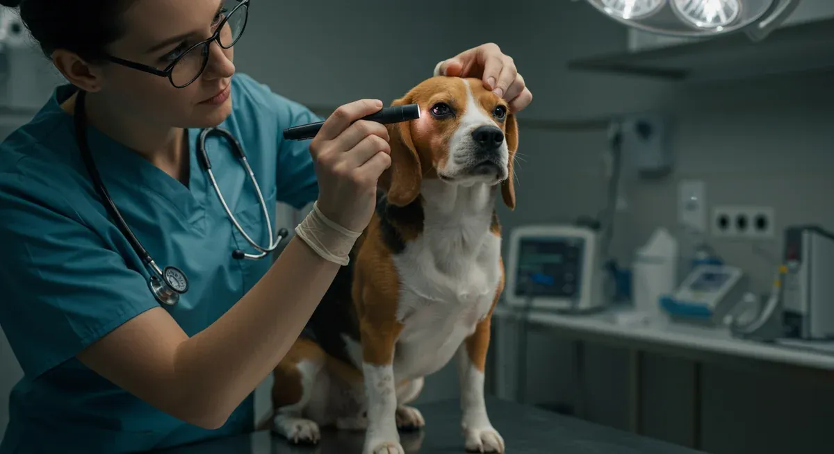 Veterinarian examining a Beagle's eye with a penlight during a clinical examination to check for common eye problems like conjunctivitis