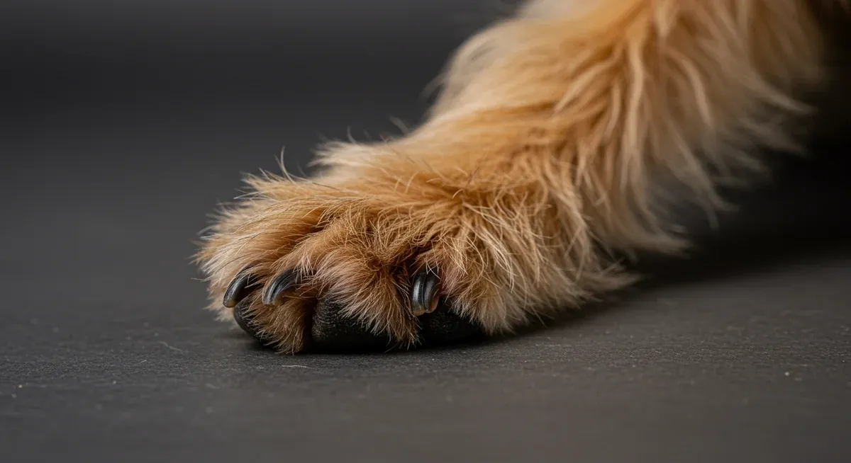 Close-up view of a Cairn Terrier's paw displaying signs of atopic dermatitis with visible redness and inflammation between the toes