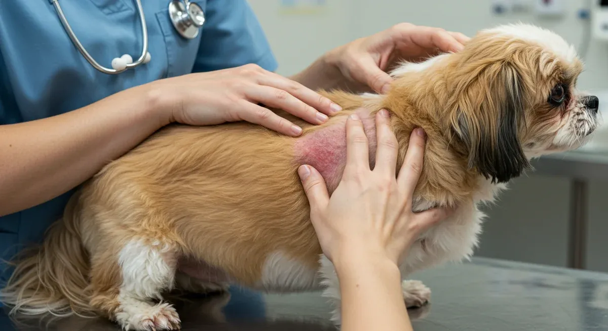 Veterinarian examining a Shih Tzu's skin by parting the coat to reveal various skin conditions including redness and irritation that are common in the breed
