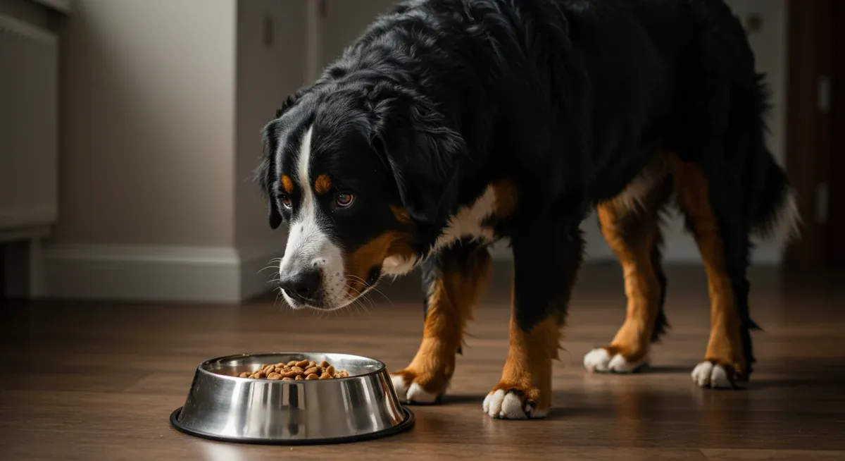 A Bernese Mountain Dog showing resource guarding behavior by standing protectively over its food bowl, demonstrating one of the root causes of aggression discussed in the article