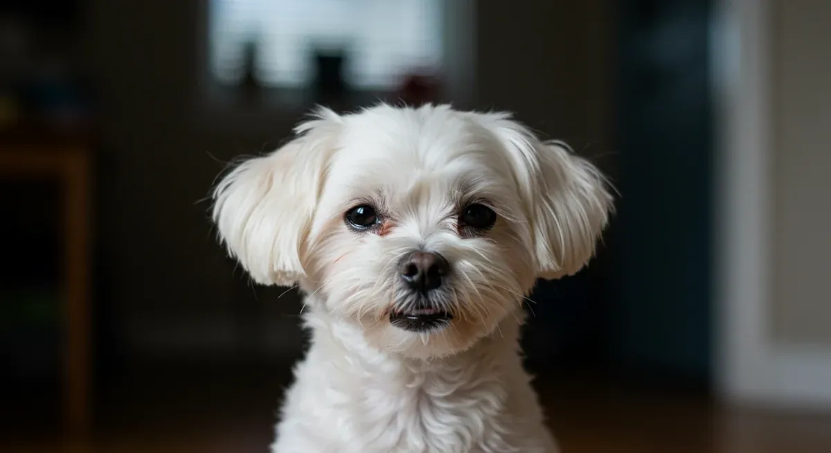 A Maltese dog showing early warning signs of stress and potential aggression with tense posture and alert expression