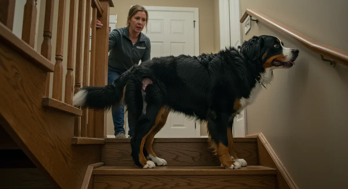 A Bernese Mountain Dog showing reluctance to climb stairs, demonstrating early signs of hip dysplasia that owners should watch for