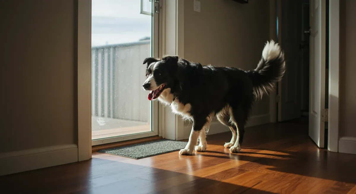 A Border Collie showing signs of separation anxiety including panting and pacing near the front door of a home