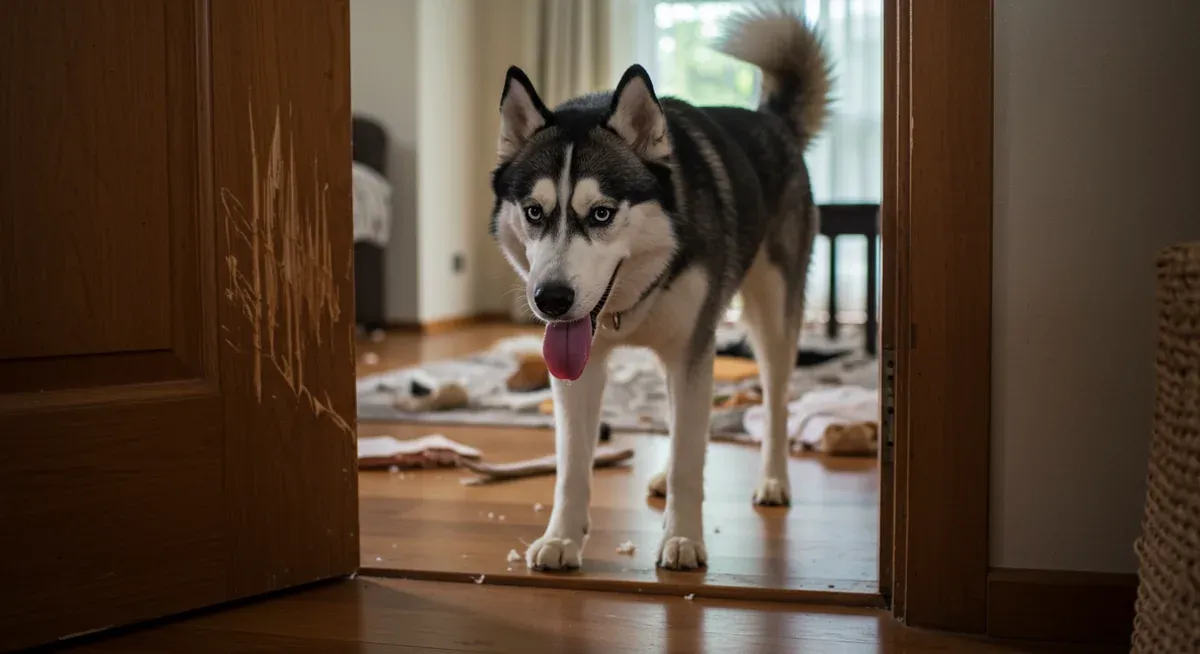 A Siberian Husky showing separation anxiety symptoms including pacing, drooling, and evidence of destructive chewing near a door