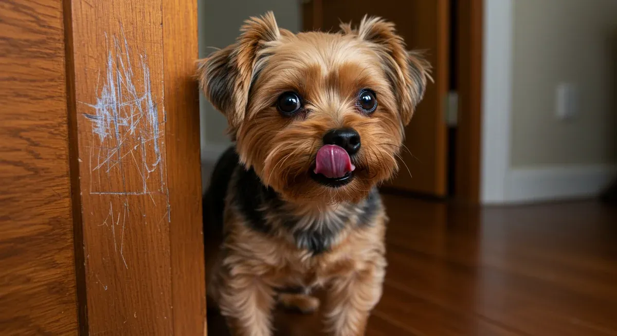 Yorkshire Terrier showing physical signs of separation anxiety including trembling and worried expression near scratched door