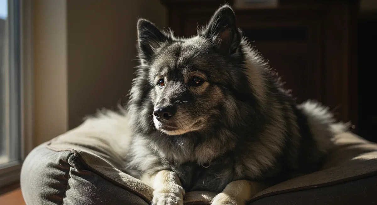 Senior Keeshond showing aging signs including graying muzzle and relaxed posture, demonstrating visible changes that occur as dogs age