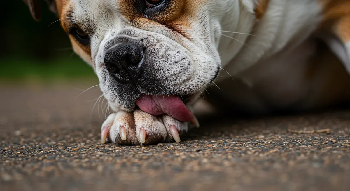 Close-up of Bulldog's paw showing signs of food allergy symptoms including redness and excessive licking behavior