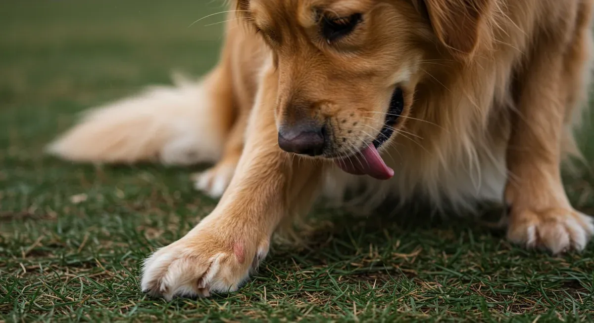 Close-up of Golden Retriever's irritated paws showing redness and licking behavior, common signs of food allergies