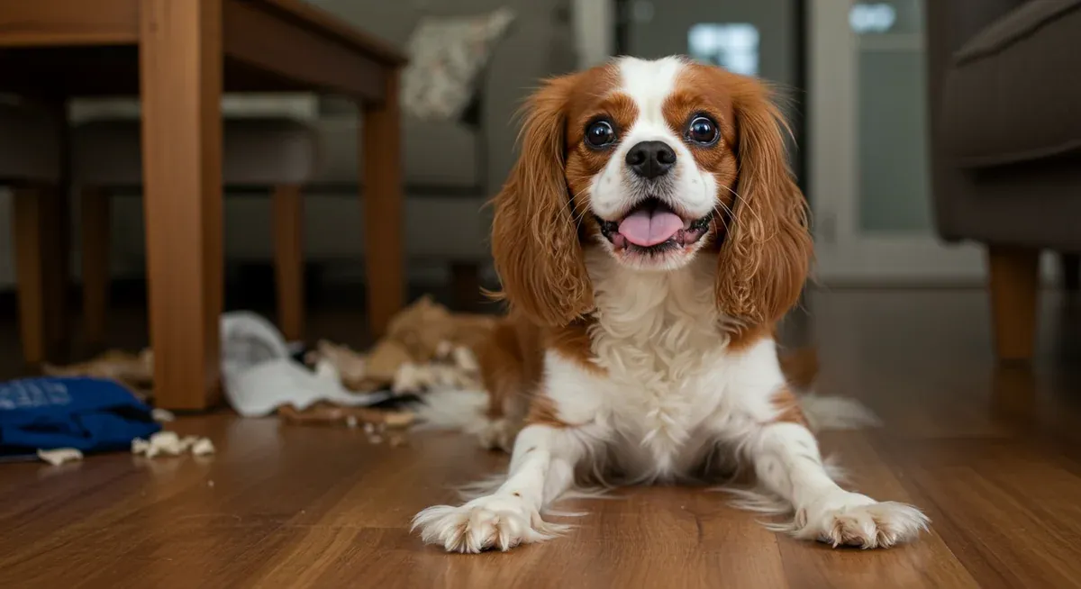 A Cavalier King Charles Spaniel showing physical signs of separation anxiety including panting and trembling, with evidence of destructive chewing behavior around them