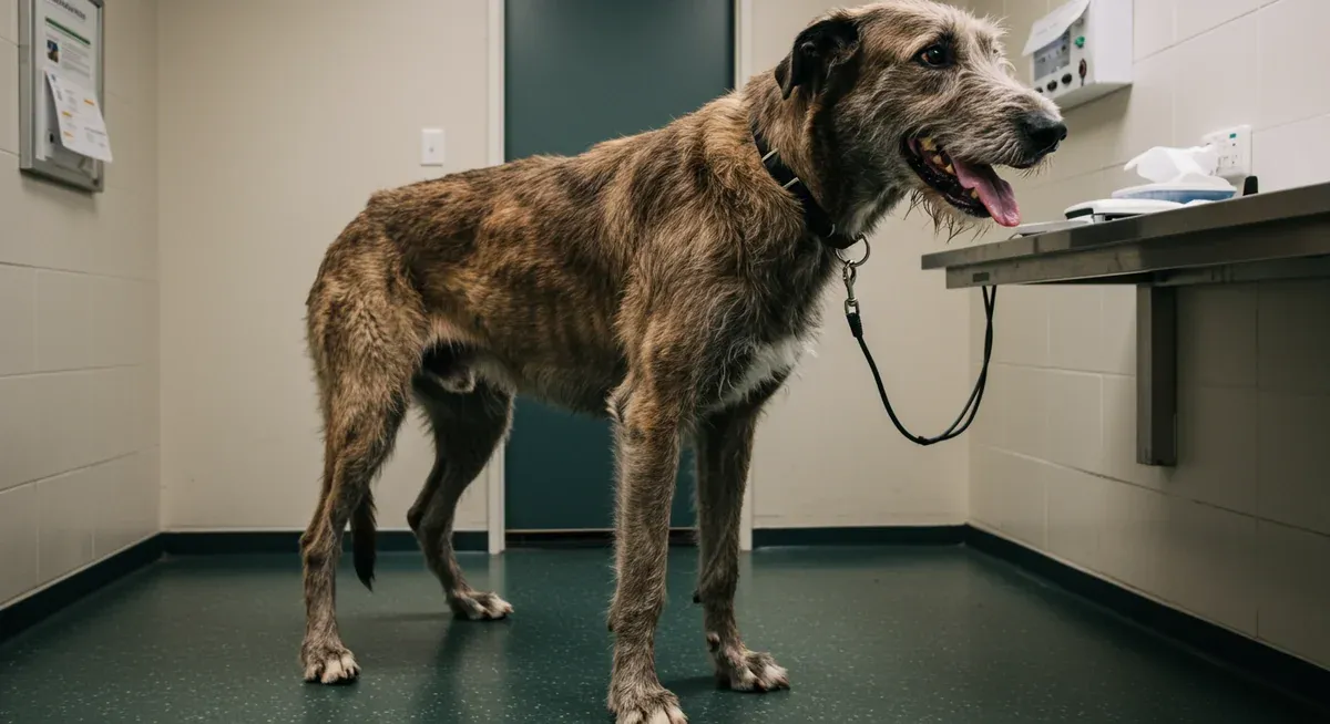 Irish Wolfhound showing early signs of gastric dilatation-volvulus (bloat) with distended abdomen and restless posture in a veterinary setting, illustrating the emergency condition described in the article