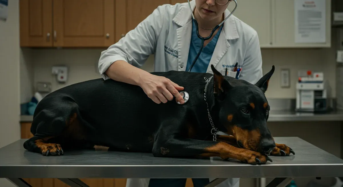 Veterinarian examining a Doberman's heart with a stethoscope during a cardiac health check, illustrating the importance of recognizing early warning signs of dilated cardiomyopathy